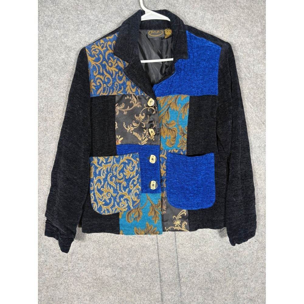 Julia Kim Vintage Patchwork Jacket Blue Black Gold Brocade Chenille Size 0